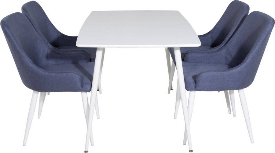 Hioshop Polar120X80WHWH eethoek eetkamertafel wit en 4 Plaza eetkamerstal blauw wit.