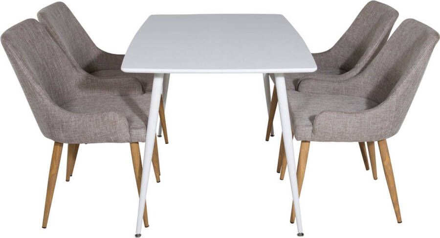Hioshop Polar120X80WHWH eethoek eetkamertafel wit en 4 Plaza eetkamerstal lichtgrijs.