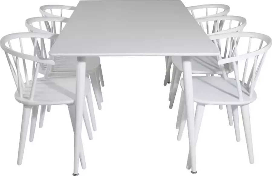 Hioshop Polar180X90WHWH eethoek eetkamertafel wit en 6 Bullerbyn eetkamerstal wit.