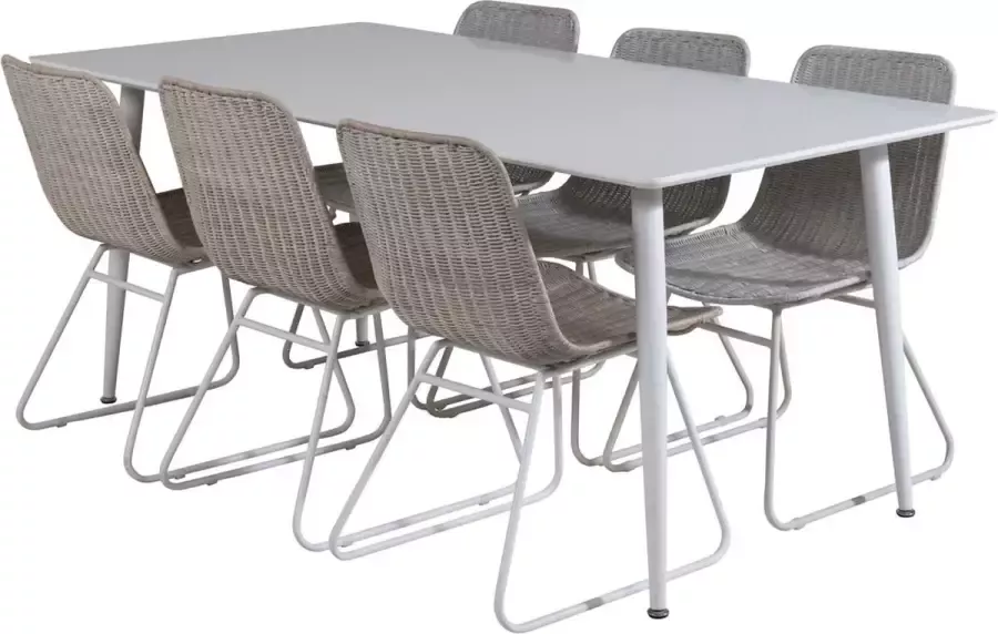 Hioshop Polar180X90WHWH eethoek eetkamertafel wit en 6 Cirebon eetkamerstal rotan whitewash.