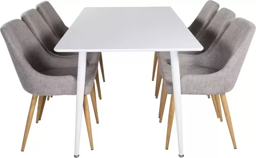 Hioshop Polar180X90WHWH eethoek eetkamertafel wit en 6 Plaza eetkamerstal lichtgrijs.