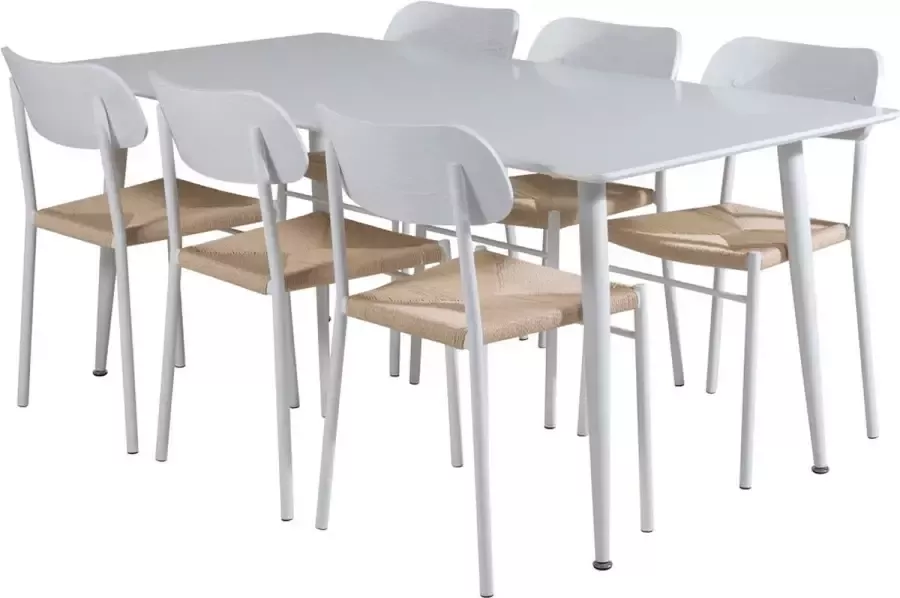Hioshop Polar180X90WHWH eethoek eetkamertafel wit en 6 Polly eetkamerstal natuur wit. - Foto 2