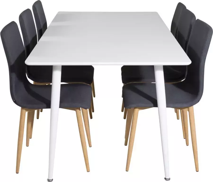 Hioshop Polar180X90WHWH eethoek eetkamertafel wit en 6 Windu eetkamerstal grijs.