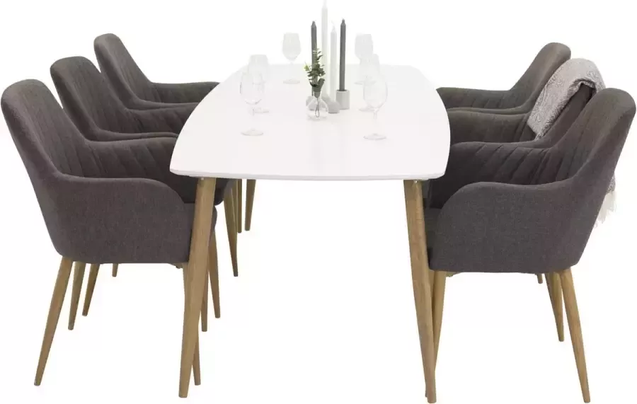 Hioshop PolarElips240x100WHNA eethoek eetkamertafel wit en 6 Comfort eetkamerstal grijs eik decor.