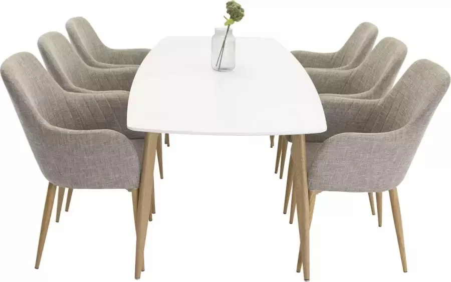 Hioshop PolarElips240x100WHNA eethoek eetkamertafel wit en 6 Comfort eetkamerstal lichtgrijs eik decor.