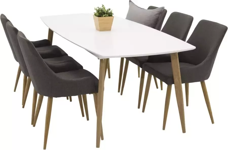 Hioshop PolarElips240x100WHNA eethoek eetkamertafel wit en 6 Plaza eetkamerstal donker grijs.