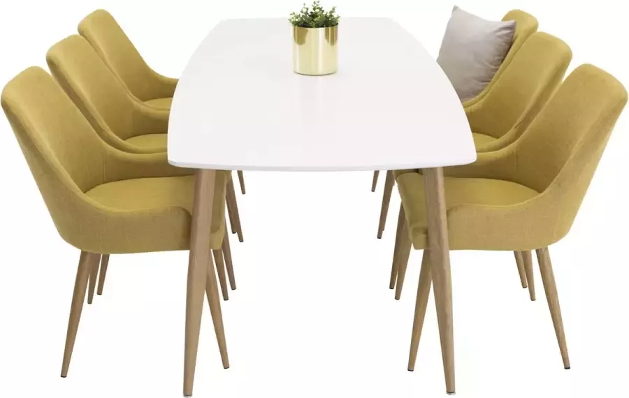 Hioshop PolarElips240x100WHNA eethoek eetkamertafel wit en 6 Plaza eetkamerstal geel.