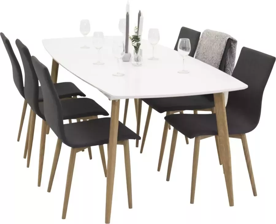 Hioshop PolarElips240x100WHNA eethoek eetkamertafel wit en 6 Windu eetkamerstal grijs.