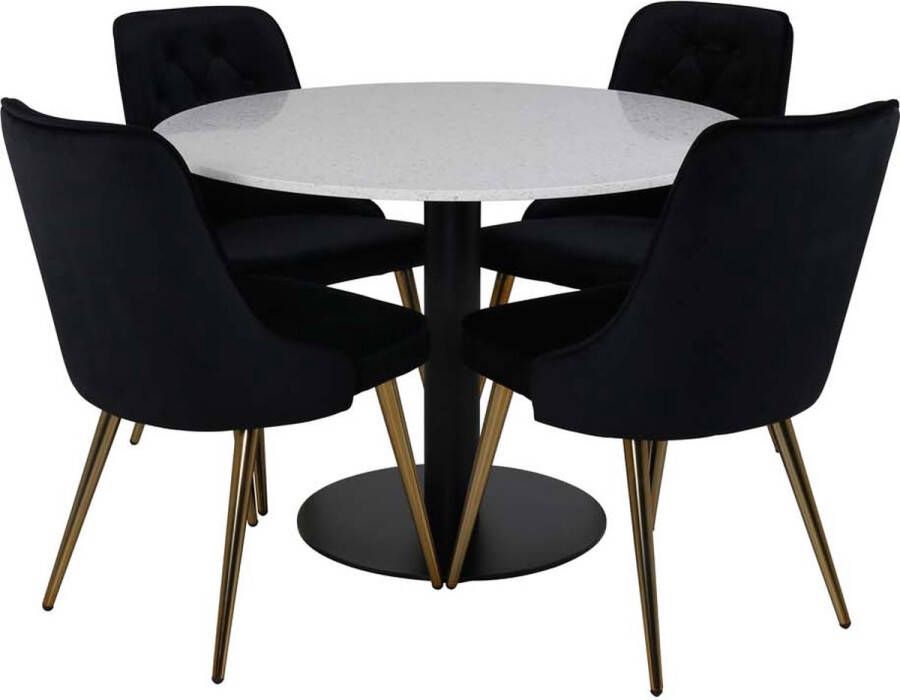 Hioshop Razzia eethoek tafel wit en 4 Velvet Deluxe stoelen zwart.