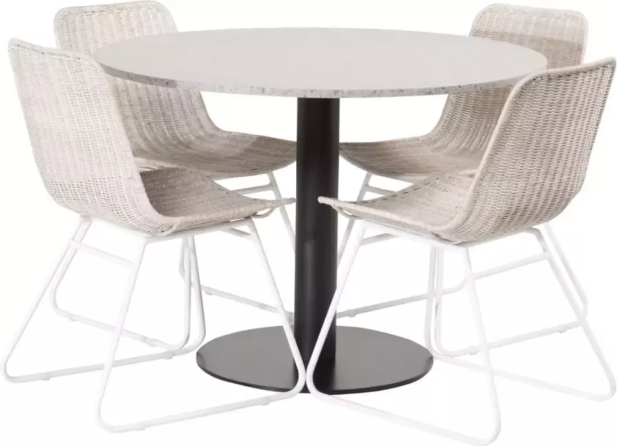 Hioshop RazziaGR eethoek eetkamertafel terazzo grijs en 4 Cirebon eetkamerstal rotan whitewash.