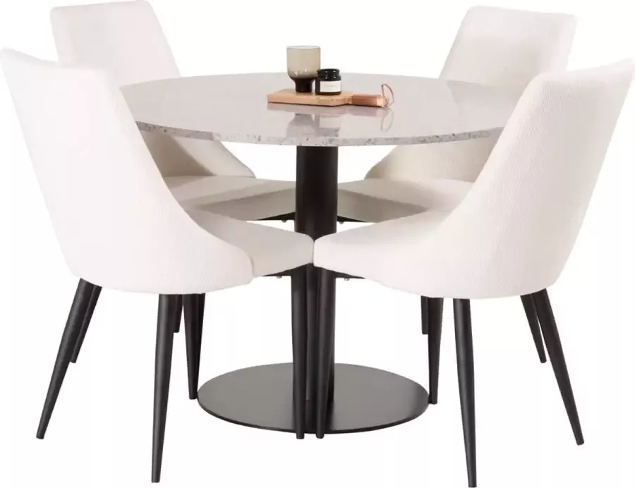 Hioshop RazziaGR eethoek eetkamertafel terazzo grijs en 4 Leone eetkamerstal fluweel wit zwart.
