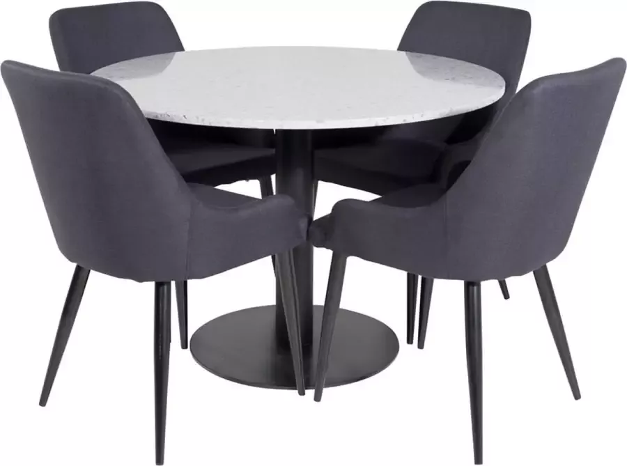 Hioshop RazziaGR eethoek eetkamertafel terazzo grijs en 4 Plaza eetkamerstal zwart.