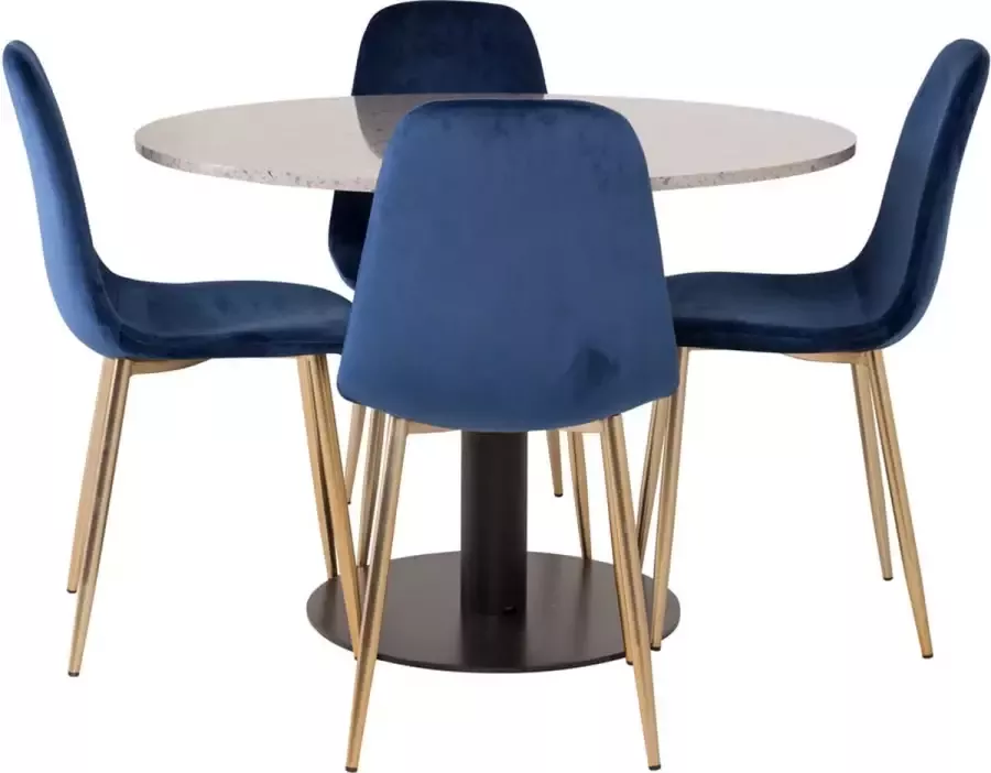 Hioshop RazziaGR eethoek eetkamertafel terazzo grijs en 4 Polar eetkamerstal velours blauw messing decor.