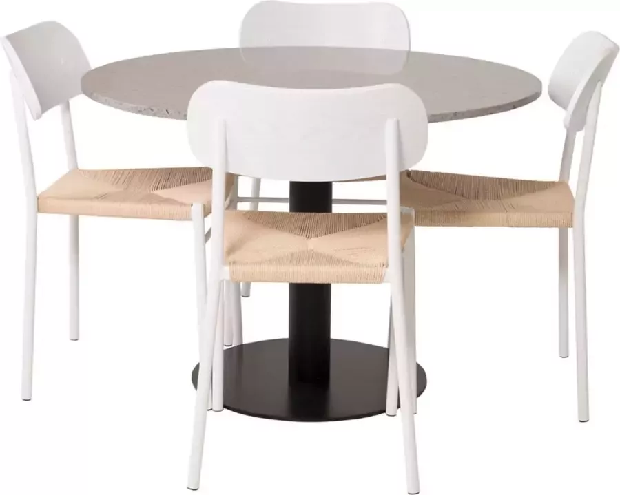 Hioshop RazziaGR eethoek eetkamertafel terazzo grijs en 4 Polly eetkamerstal natuur wit.