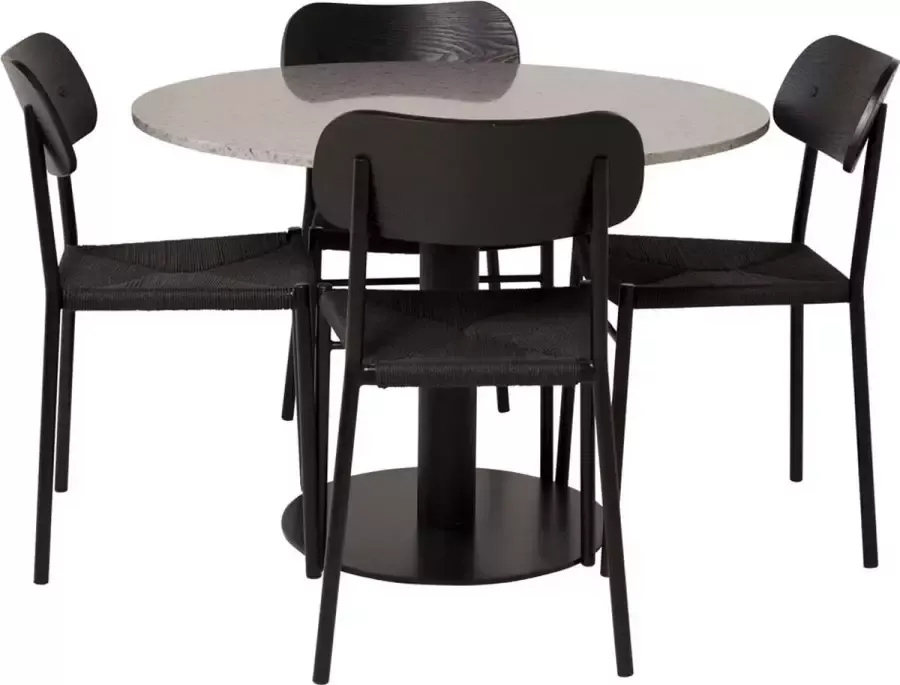 Hioshop RazziaGR eethoek eetkamertafel terazzo grijs en 4 Polly eetkamerstal zwart.