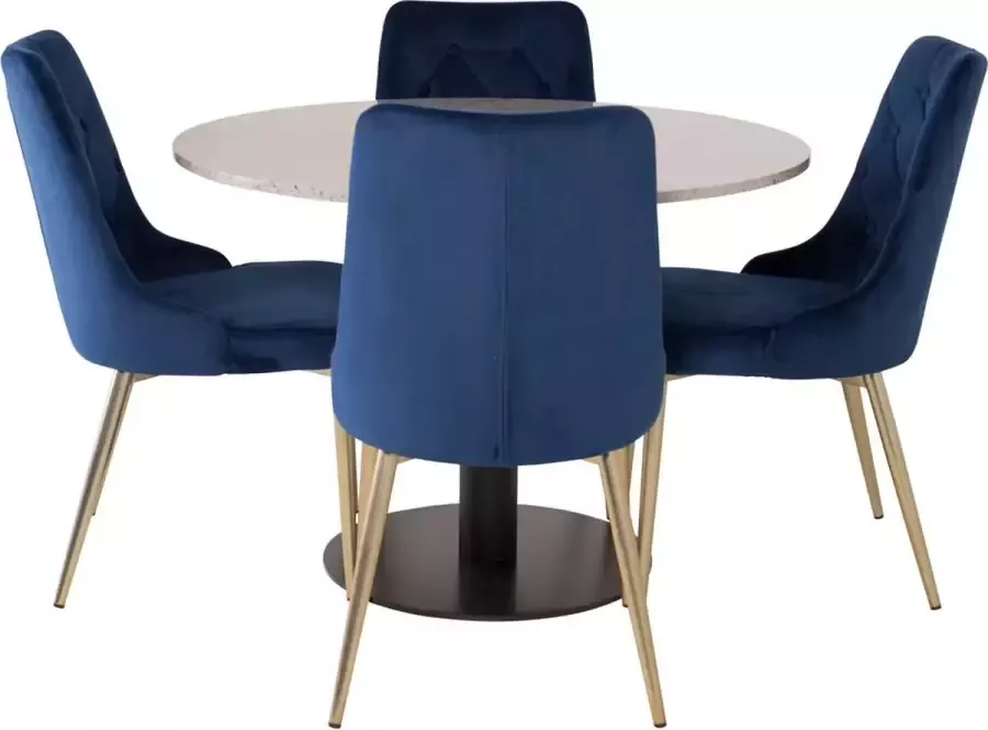 Hioshop RazziaGR eethoek eetkamertafel terazzo grijs en 4 Velvet Deluxe eetkamerstal velours blauw messing decor.