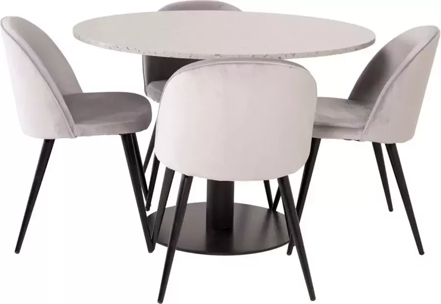 Hioshop RazziaGR eethoek eetkamertafel terazzo grijs en 4 Velvet eetkamerstal velours lichtgrijs.