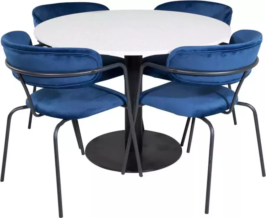 Hioshop RazziaWH eethoek eetkamertafel terazzo wit en 4 Arrow eetkamerstal velours blauw.