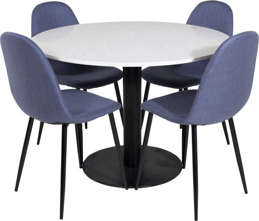 Hioshop RazziaWH eethoek eetkamertafel terazzo wit en 4 Polar eetkamerstal blauw.