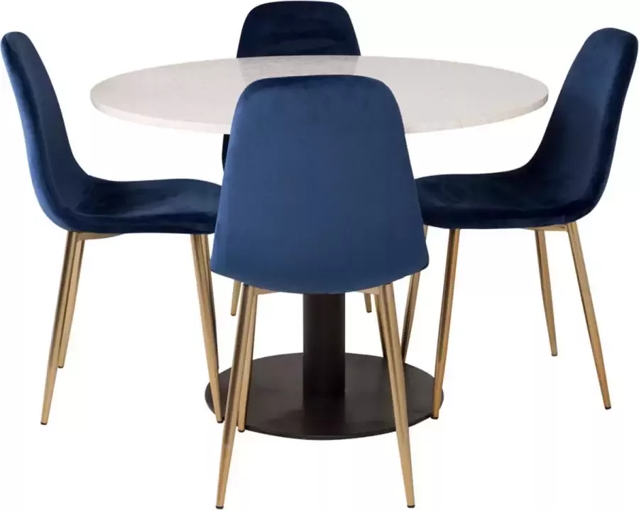 Hioshop RazziaWH eethoek eetkamertafel terazzo wit en 4 Polar eetkamerstal velours blauw messing decor.