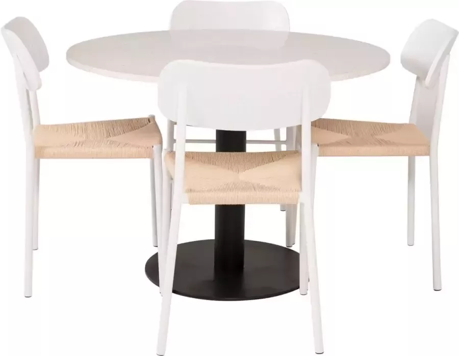 Hioshop RazziaWH eethoek eetkamertafel terazzo wit en 4 Polly eetkamerstal natuur wit.