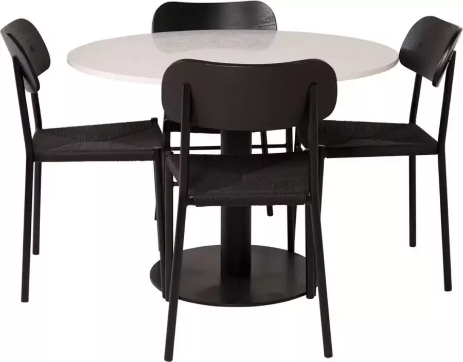 Hioshop RazziaWH eethoek eetkamertafel terazzo wit en 4 Polly eetkamerstal zwart.