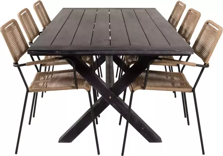 Hioshop Rives tuinmeubelset tafel 100x200cm en 6 stoel armleuningL Lindos zwart