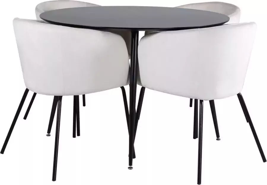 Hioshop SilarBL100 eethoek eetkamertafel zwart en 4 Berit eetkamerstal velours beige.