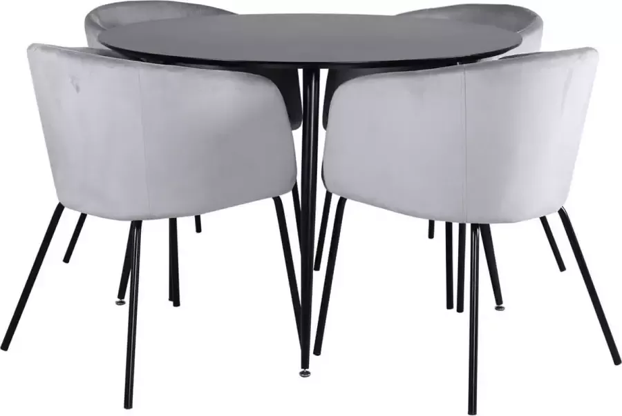 Hioshop SilarBL100 eethoek eetkamertafel zwart en 4 Berit eetkamerstal velours grijs.