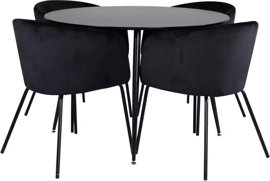 Hioshop SilarBL100 eethoek eetkamertafel zwart en 4 Berit eetkamerstal velours zwart.