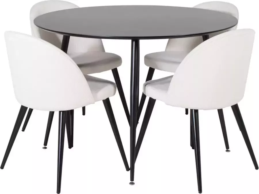 Hioshop SilarBL100 eethoek eetkamertafel zwart en 4 Velvet eetkamerstal fluweel beige zwart.