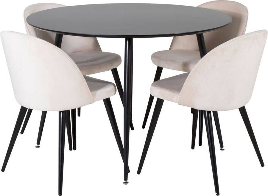 Hioshop SilarBL100 eethoek eetkamertafel zwart en 4 Velvet eetkamerstal velours beige zwart.