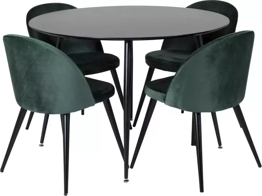 Hioshop SilarBL100 eethoek eetkamertafel zwart en 4 Velvet eetkamerstal velours groente zwart.