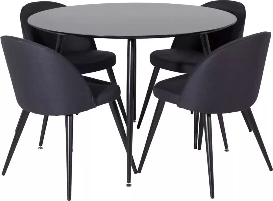 Hioshop SilarBL100 eethoek eetkamertafel zwart en 4 Velvet eetkamerstal zwart.