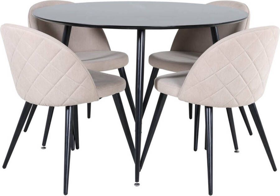 Hioshop SilarBL100 eethoek eetkamertafel zwart en 4 Velvet Stitches eetkamerstal beige.