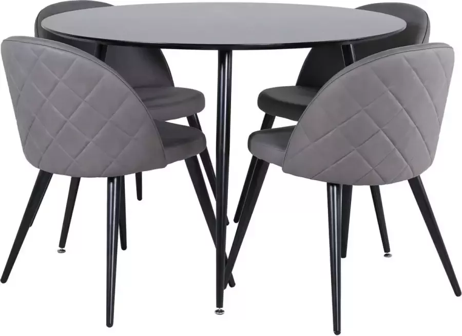 Hioshop SilarBL100 eethoek eetkamertafel zwart en 4 Velvet Stitches eetkamerstal grijs.