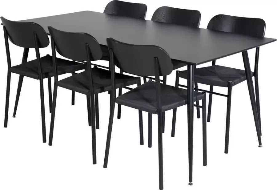 Hioshop SilarBL180 eethoek eetkamertafel zwart en 6 Polly eetkamerstal zwart.