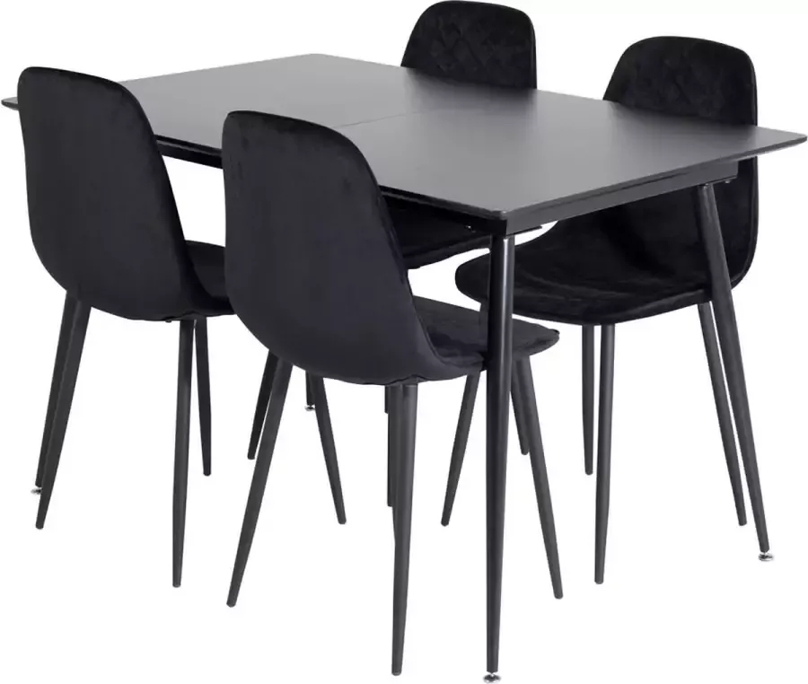 Hioshop SilarBLExt eethoek eetkamertafel uitschuifbare tafel lengte cm 120 160 zwart en 4 Polar Diamond eetkamerstal velours zwart