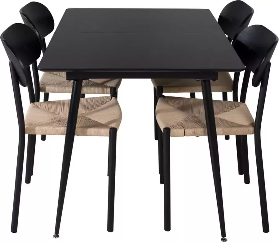 Hioshop SilarBLExt eethoek eetkamertafel uitschuifbare tafel lengte cm 120 160 zwart en 4 Polly eetkamerstal natuur zwart.