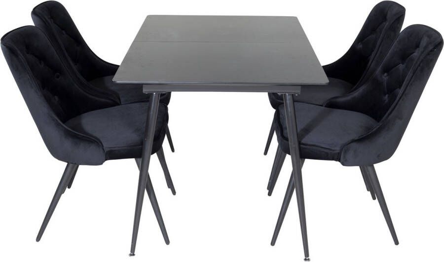 Hioshop SilarBLExt eethoek eetkamertafel uitschuifbare tafel lengte cm 120 160 zwart en 4 Velvet Deluxe eetkamerstal velours zwart