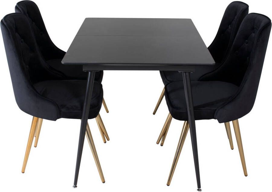 Hioshop SilarBLExt eethoek eetkamertafel uitschuifbare tafel lengte cm 120 160 zwart en 4 Velvet Deluxe eetkamerstal velours zwart messing decor