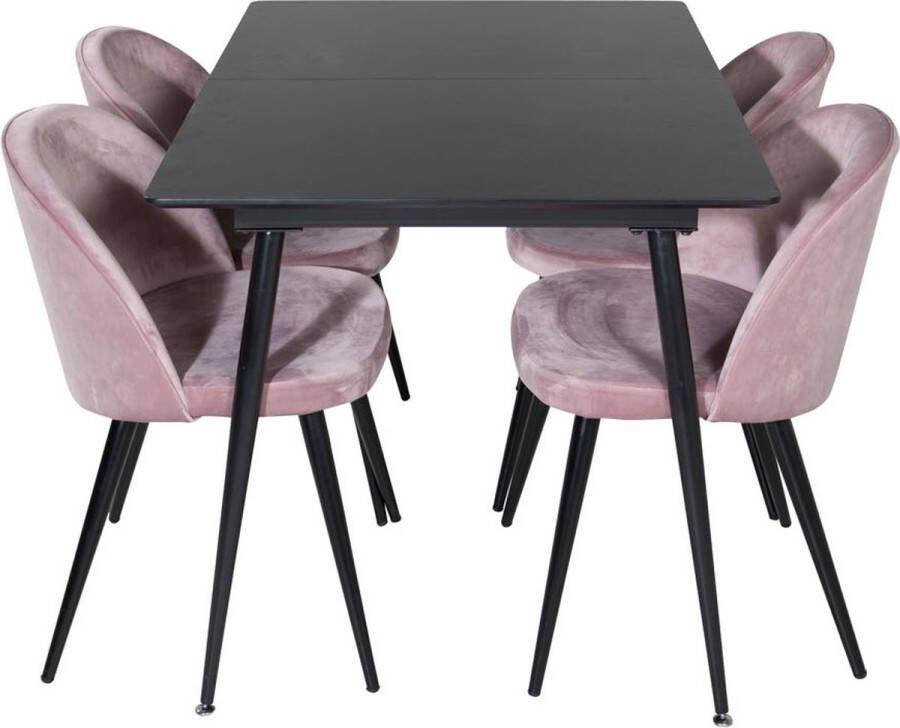 Hioshop SilarBLExt eethoek eetkamertafel uitschuifbare tafel lengte cm 120 160 zwart en 4 Velvet eetkamerstal velours roze zwart