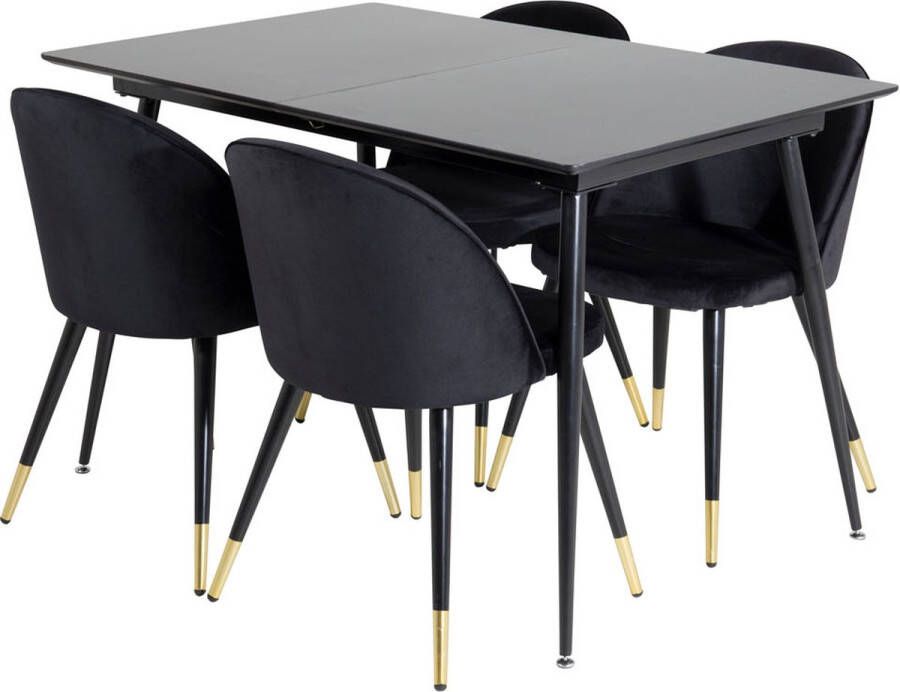 Hioshop SilarBLExt eethoek eetkamertafel uitschuifbare tafel lengte cm 120 160 zwart en 4 Velvet eetkamerstal velours zwart messing decor