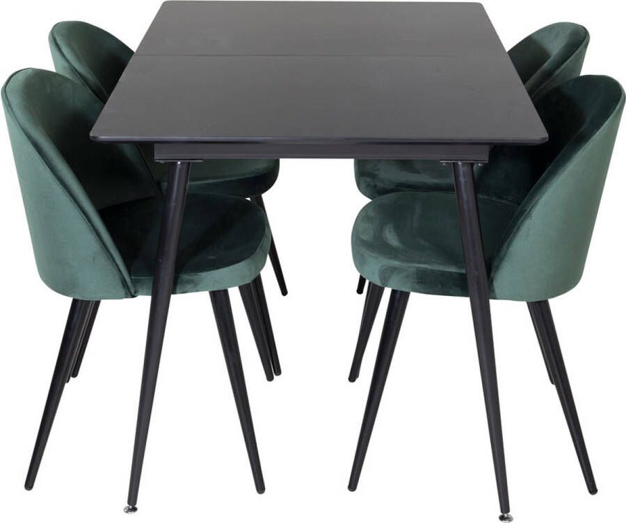 Hioshop SilarBLExt eethoek eetkamertafel uitschuifbare tafel lengte cm 120 160 zwart en 4 Velvet eetkamerstal velours groente zwart