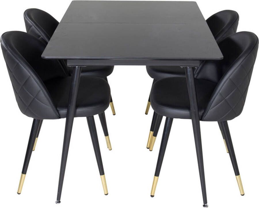 Hioshop SilarBLExt eethoek eetkamertafel uitschuifbare tafel lengte cm 120 160 zwart en 4 Velvet eetkamerstal PU kunstleer zwart
