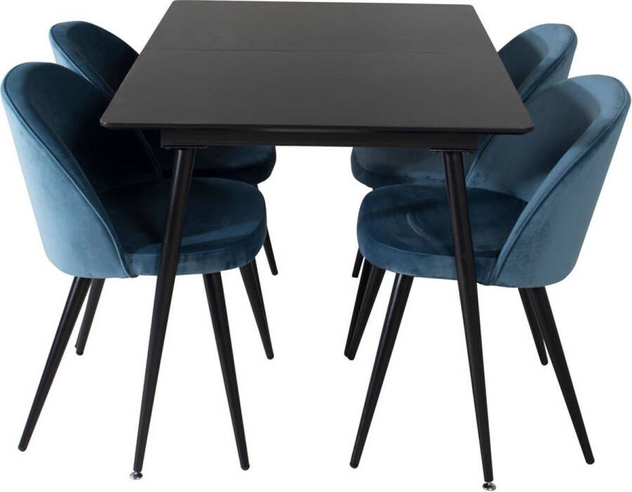 Hioshop SilarBLExt eethoek eetkamertafel uitschuifbare tafel lengte cm 120 160 zwart en 4 Velvet eetkamerstal velours blauw zwart