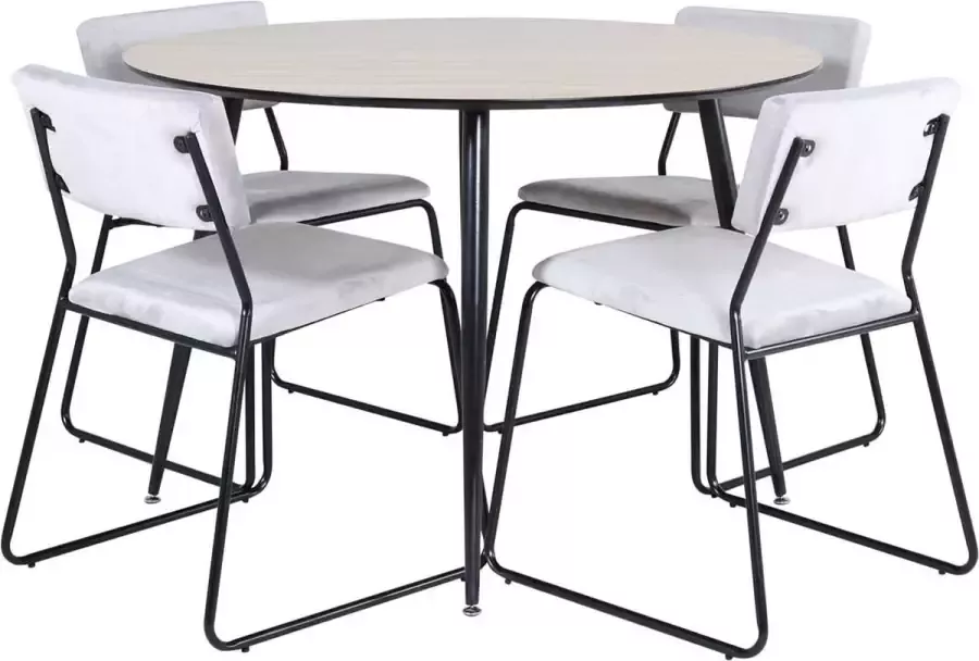 Hioshop SilarWo100 eethoek eetkamertafel el hout decor en 4 Kenth eetkamerstal velours grijs.