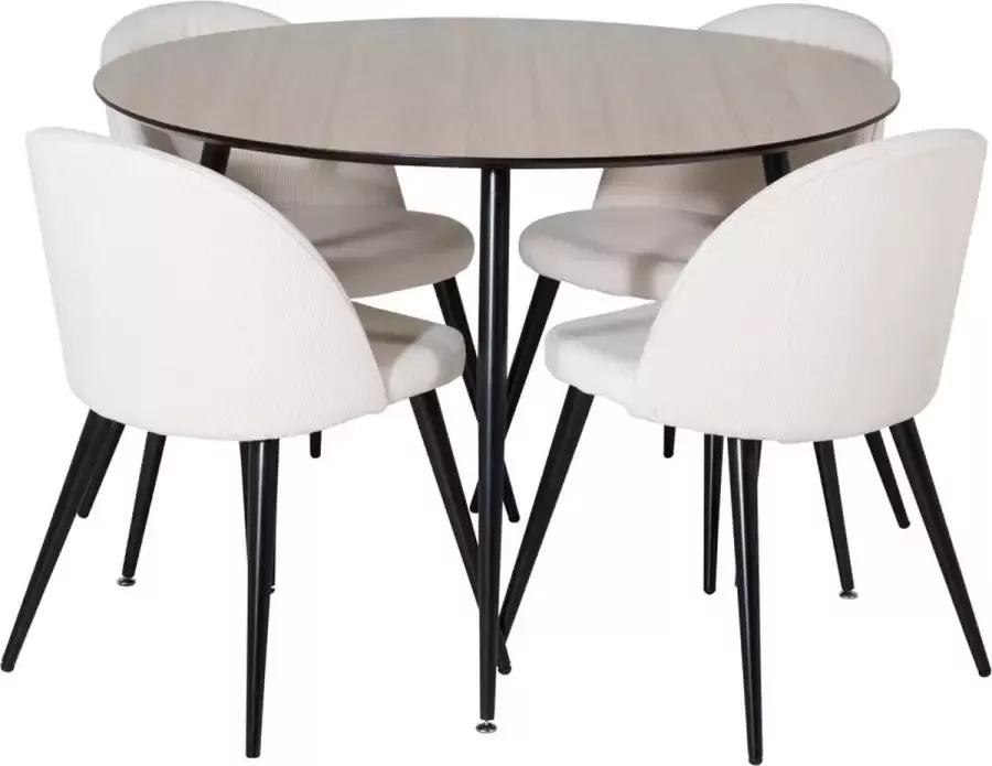 Hioshop SilarWo100 eethoek eetkamertafel el hout decor en 4 Velvet eetkamerstal fluweel beige zwart.