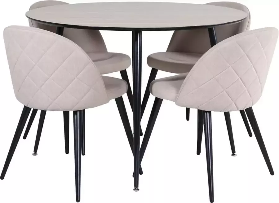 Hioshop SilarWo100 eethoek eetkamertafel el hout decor en 4 Velvet Stitches eetkamerstal beige.