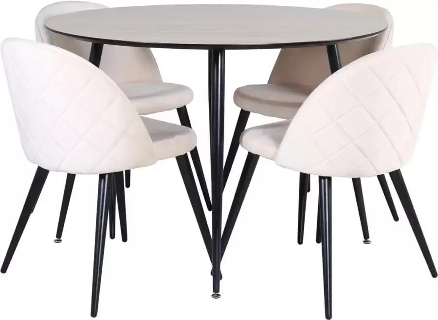 Hioshop SilarWo100 eethoek eetkamertafel el hout decor en 4 Velvet Stitches eetkamerstal velours beige.